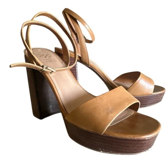 Vince Camuto Neutral Leather Platform Heels Shoes Wood Stacked Block Heel Size 9 - Picture 2 of 6